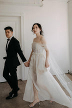 Off The Shoulder Satin Lace Split Wedding Dress With Long Veil