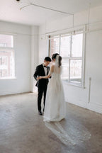 Off The Shoulder Satin Lace Split Wedding Dress With Long Veil