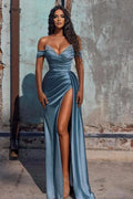 Off The Shoulder Mermaid Prom Dress High Slit Dress With Beading