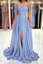 Off the Shoulder Shiny Blue Long Prom Dresses Formal Dress