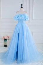 Off the Shoulder Strapless Flower A-Line Tulle Blue Prom Dress