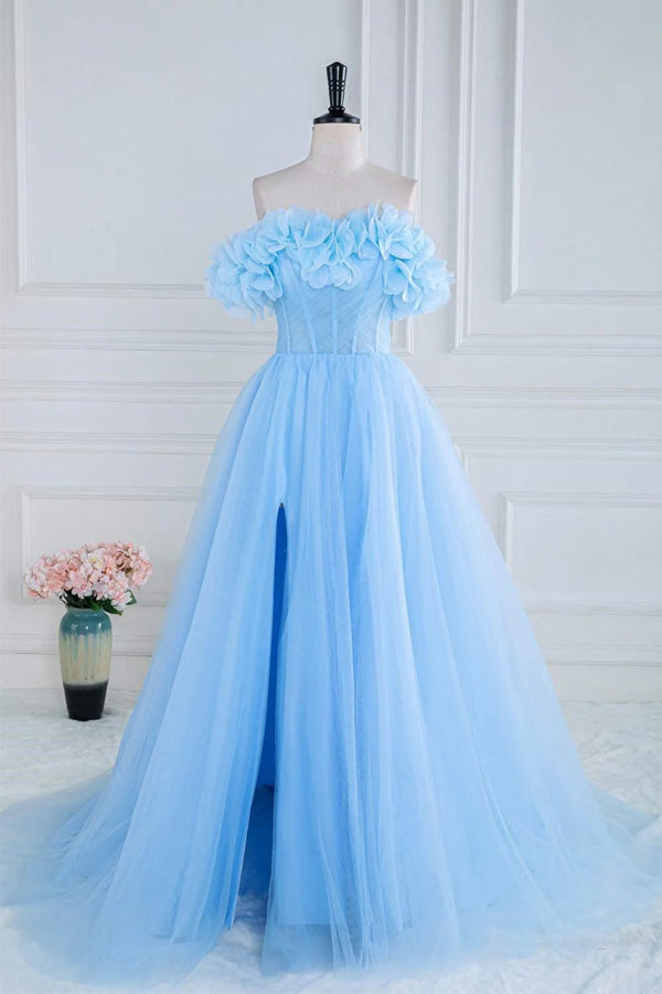 Off the Shoulder Strapless Flower A-Line Tulle Blue Prom Dress