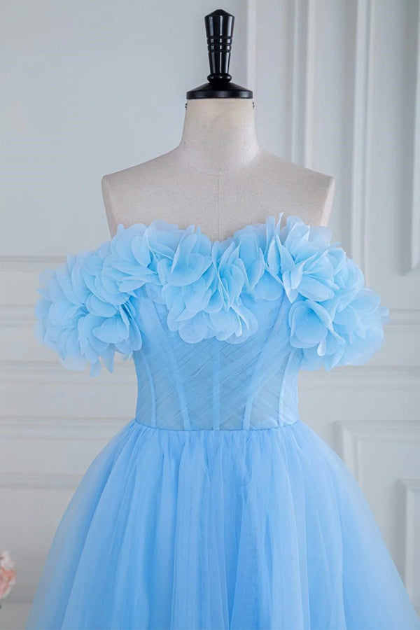 Off the Shoulder Strapless Flower A-Line Tulle Blue Prom Dress