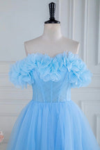 Off the Shoulder Strapless Flower A-Line Tulle Blue Prom Dress