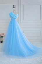 Off the Shoulder Strapless Flower A-Line Tulle Blue Prom Dress