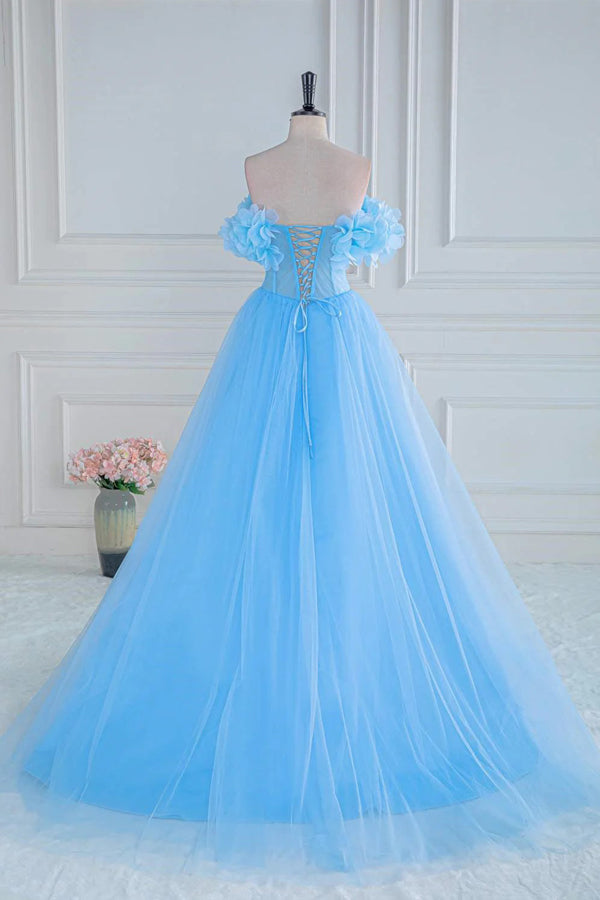 Off the Shoulder Strapless Flower A-Line Tulle Blue Prom Dress