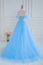 Off the Shoulder Strapless Flower A-Line Tulle Blue Prom Dress