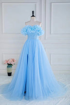 Off the Shoulder Strapless Flower A-Line Tulle Blue Prom Dress