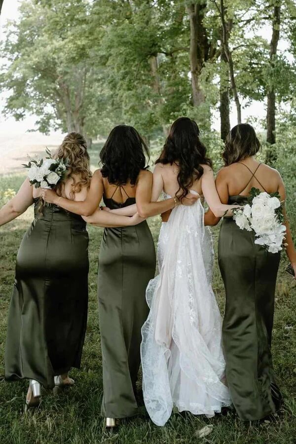 Olive Satin Sheath Cowl Neck Spaghetti Straps Long Bridesmaid Dresses