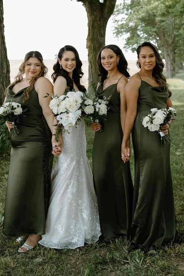 Olive Satin Sheath Cowl Neck Spaghetti Straps Long Bridesmaid Dresses
