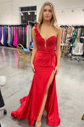 One-Shoulder 3D Floral Lace Pleated Red Prom Gown with Slit