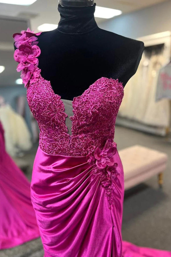 One-Shoulder 3D Floral Lace Pleated Red Prom Gown with Slit