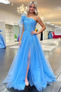 One Shoulder Blue Lace Long Prom Dresses with Slit