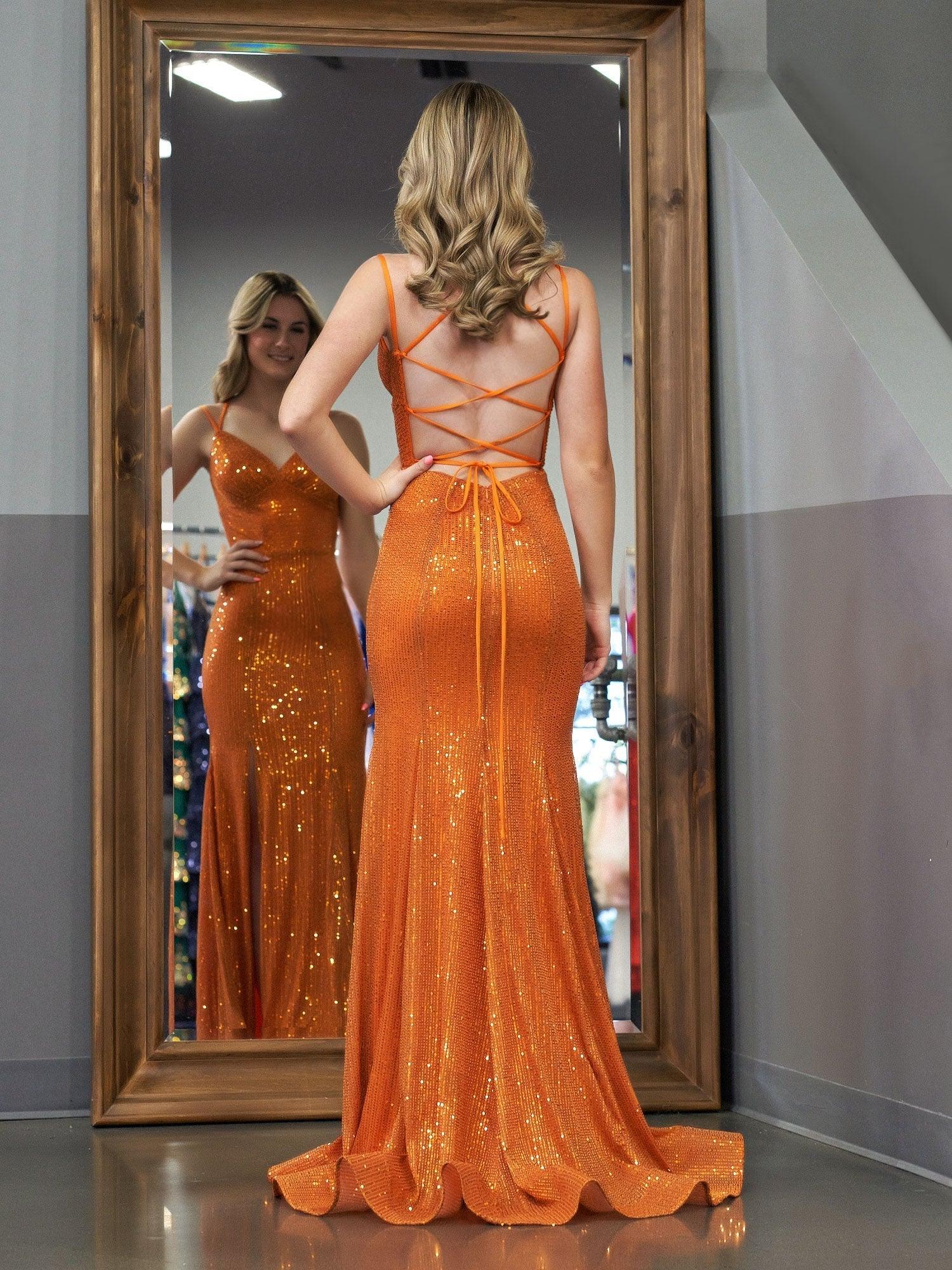Emaree | Sparkly Mermaid V Neck Sequins Long Prom Dresses with Slit