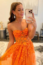 Orange Tulle Lace Long Prom Dress Orange Tulle Evening Dress