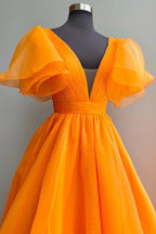 Orange Plunge V Ruffled Sleeve A-Line Long Formal Dress