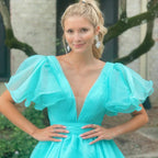 Orange Plunge V Ruffled Sleeve A-Line Long Formal Dress