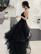 Shiny Black V Neck Prom Dresses, Backless Black V Neck Formal Evening Dress Y1767