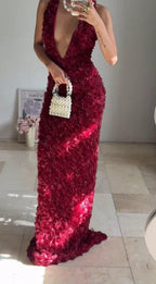 Gorgeous Deep V Burgundy Rose Flowers Sheath Long Prom Dress Evening Dress Y8504