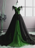 Unique Off The Shoulder Green A-line Sweetheart Tulle Long Party Dress Evening Dress Y7795