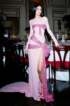Gorgeous Pink Chiffon Sequins Big Bow Split Evening Dress Long Prom Dress Y8474