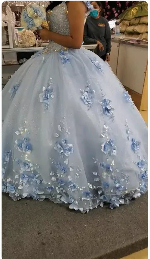 Light Blue Long Dress Cute 3D Applique Off Shoulder Ball Gown Princess Dress Y260