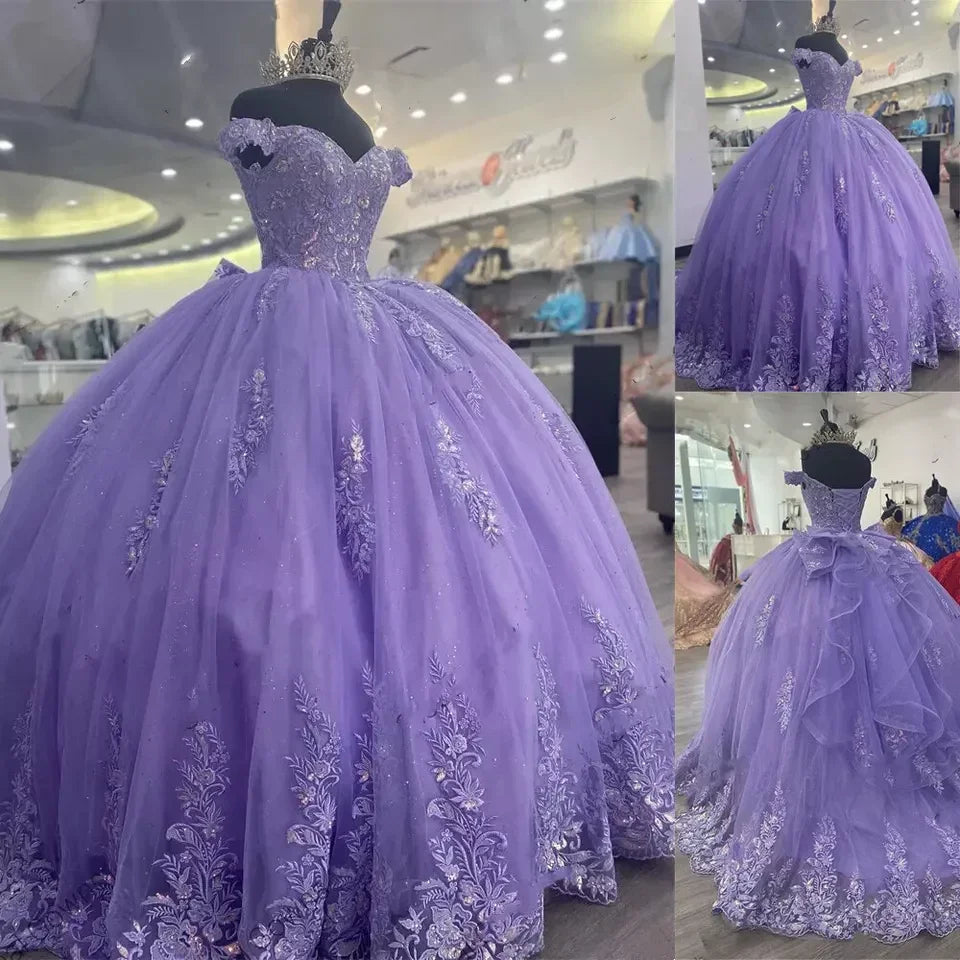 Lilac Corset Mexican Quinceanera Dress Ball Gown,Appliques Lace Birthday Dress Y1476