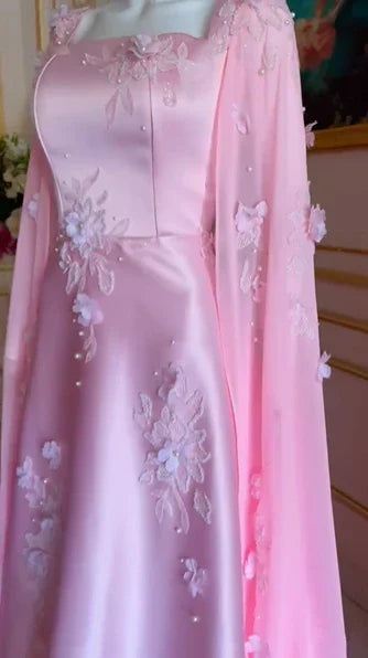 Luxury Pink Satin Long A Line Evening Dress Pretty Appliques Prom Dress Y7591