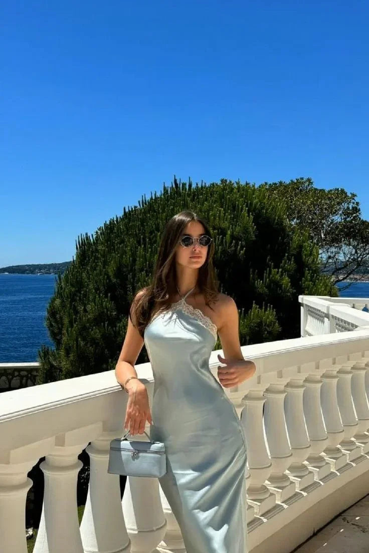 Sexy Halter Satin Lace Party Evening Dress Y8169