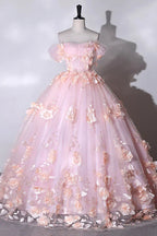 Pink Flowers Sweetheart Ball Gown Formal Dresses, Pink Long Sweet 16 Dresses Y6951