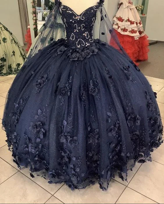 Women's Navy Blue Quinceanera Dresses Appliques Beaded Dresses 3D Flowers Ball Gown,Y2480