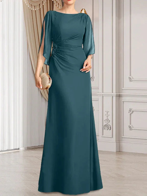 Sheath/Column Scoop Floor-Length Chiffon Mother of the Bride Dress With Pleated Beading