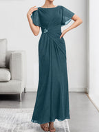 A-line Scoop Illusion Tea-Length Chiffon Lace Mother of the Bride Dress With Beading Sequins