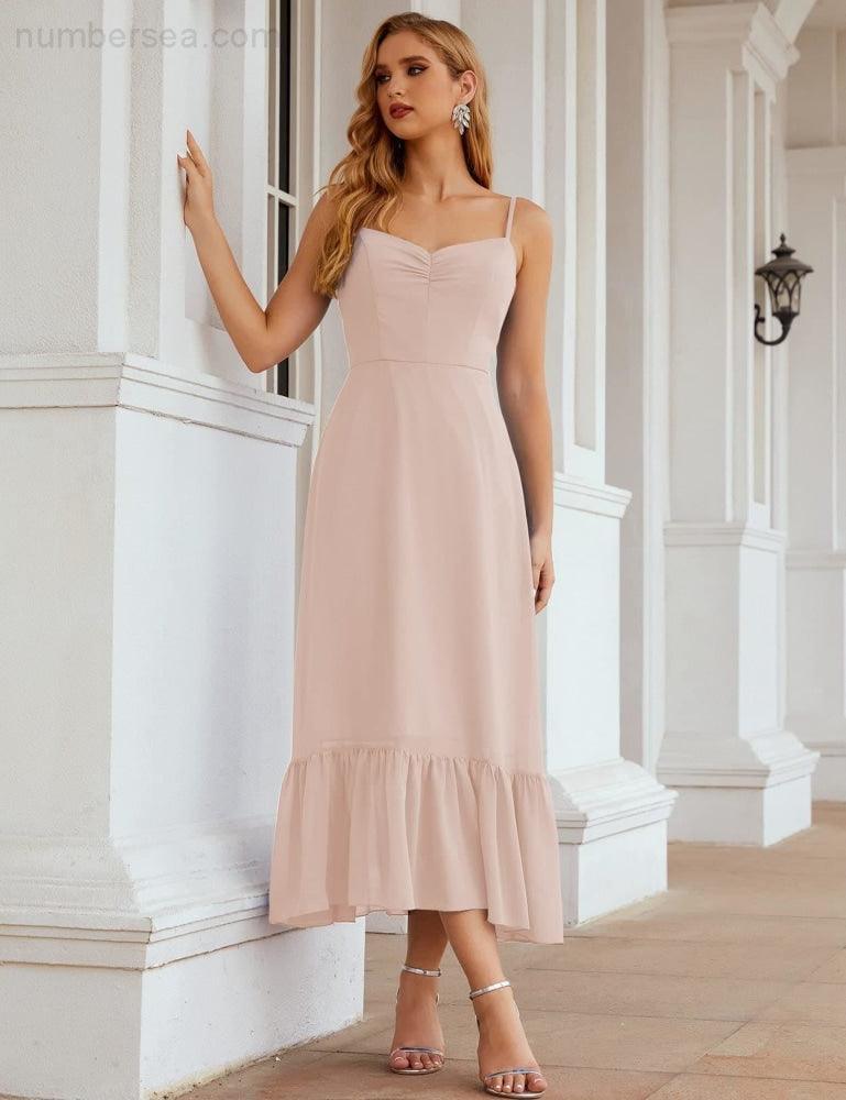 Spaghetti Strap Chiffon Bridesmaid Dress Ankle Length Formal A Line Cocktail Party Homecoming Dress for Juniors  SEA28028