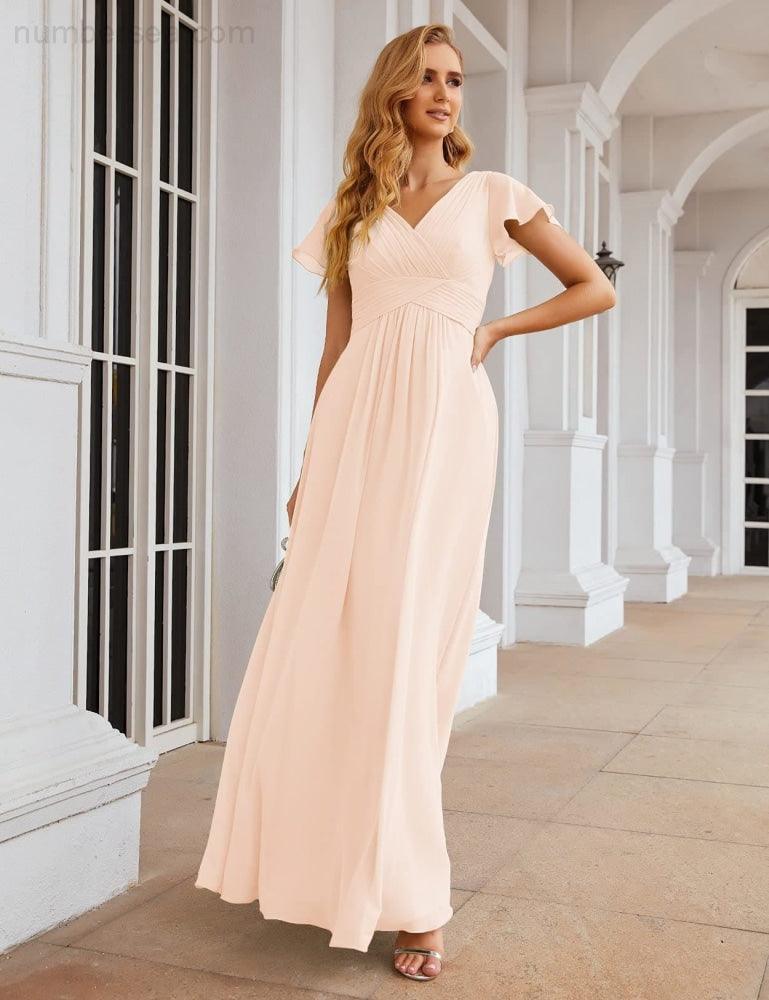 Chiffon Bridesmaid Dress Cap Sleeves Maxi Prom Gowns Party Wedding Mother of The Bride Dresses for Women SEA28047