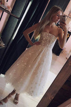 Pearl Pink Tulle A-line Spaghetti Straps Tea Length Homecoming Dresses