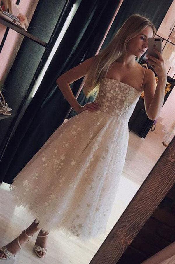 Pearl Pink Tulle A-line Spaghetti Straps Tea Length Homecoming Dresses