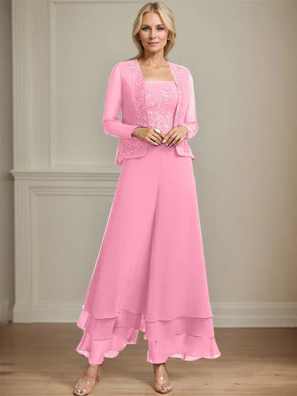 Separates Jumpsuit/Pantsuit Square Ankle-Length Lace Chiffon Mother of the Bride Dress With Sequins