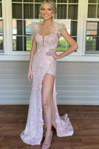 Pink Appliques Mermaid Split Prom Dress with Feathers