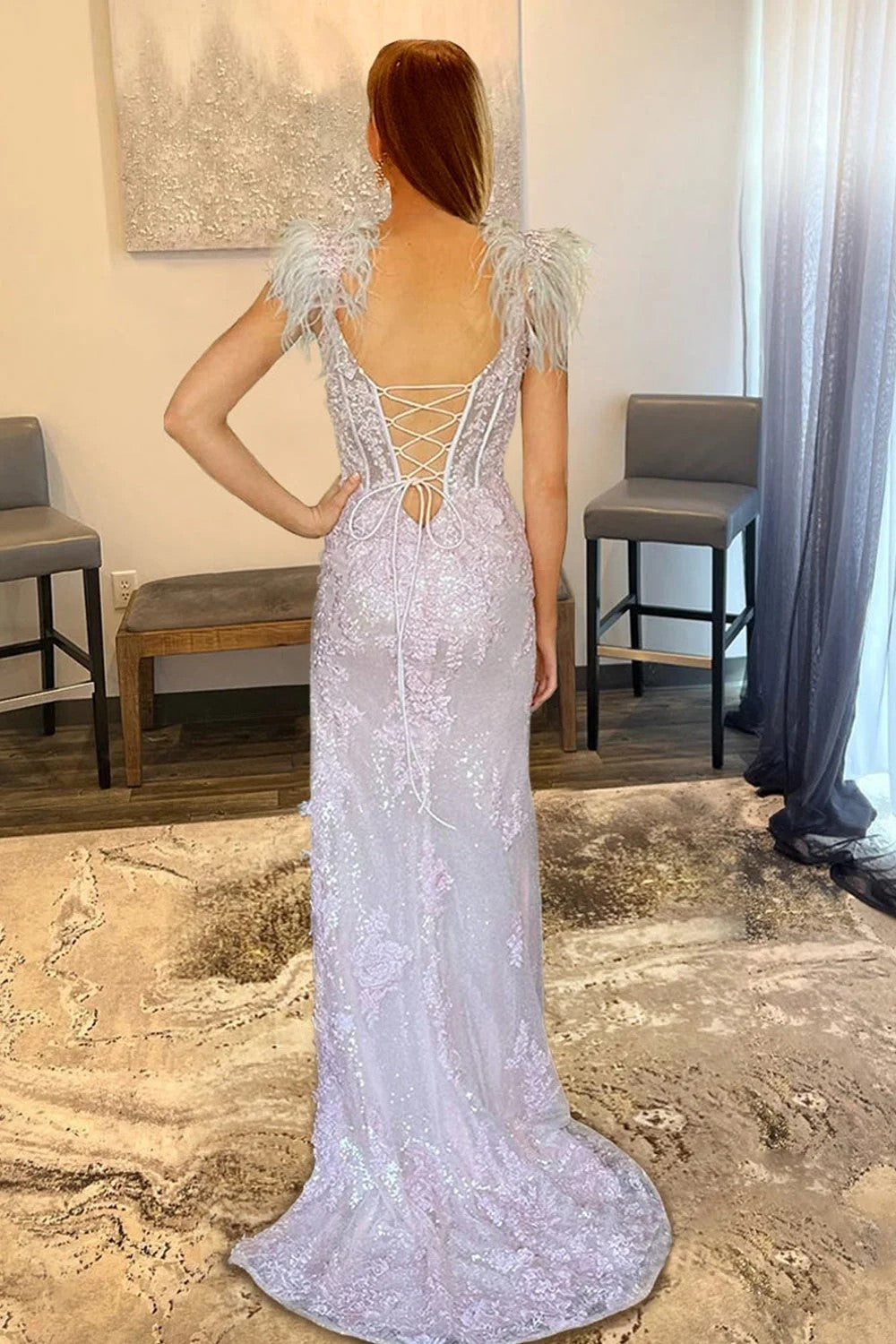 Pink Appliques Mermaid Split Prom Dress with Feathers