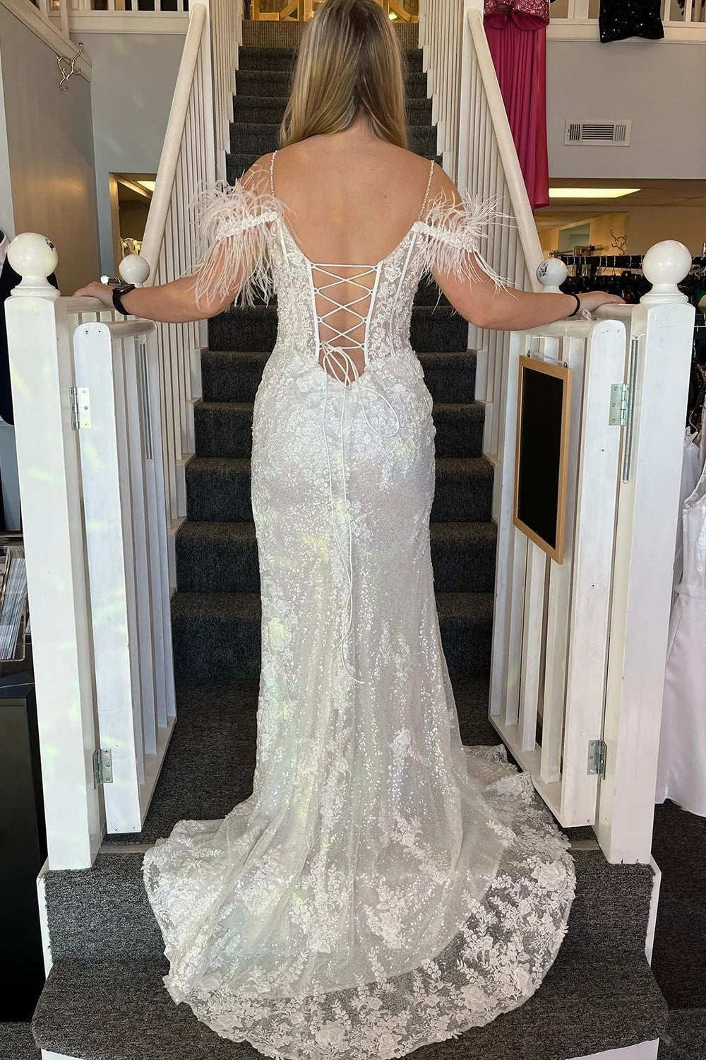 Pink Appliques Mermaid Split Prom Dress with Feathers