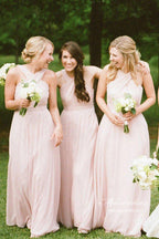 Pink Chiffon A-line Floor Length Simple Long Bridesmaid Dresses