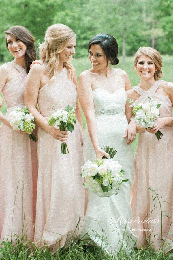 Pink Chiffon A-line Floor Length Simple Long Bridesmaid Dresses