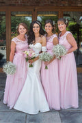 Pink Chiffon Lace Top A-line Scoop Neck Long Bridesmaid Dresses