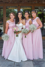 Pink Chiffon Lace Top A-line Scoop Neck Long Bridesmaid Dresses