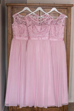 Pink Chiffon Lace Top A-line Scoop Neck Long Bridesmaid Dresses