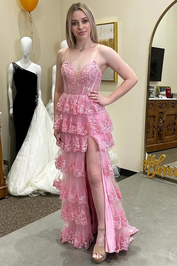 Pink Glitter Lace Appliques Ruffle Tiered Long Dress with Slit
