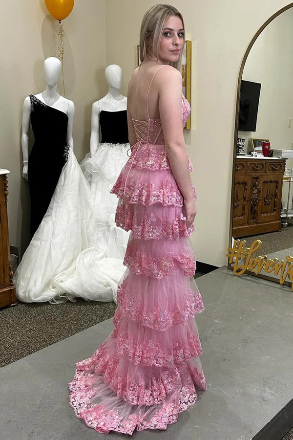 Pink Glitter Lace Appliques Ruffle Tiered Long Dress with Slit
