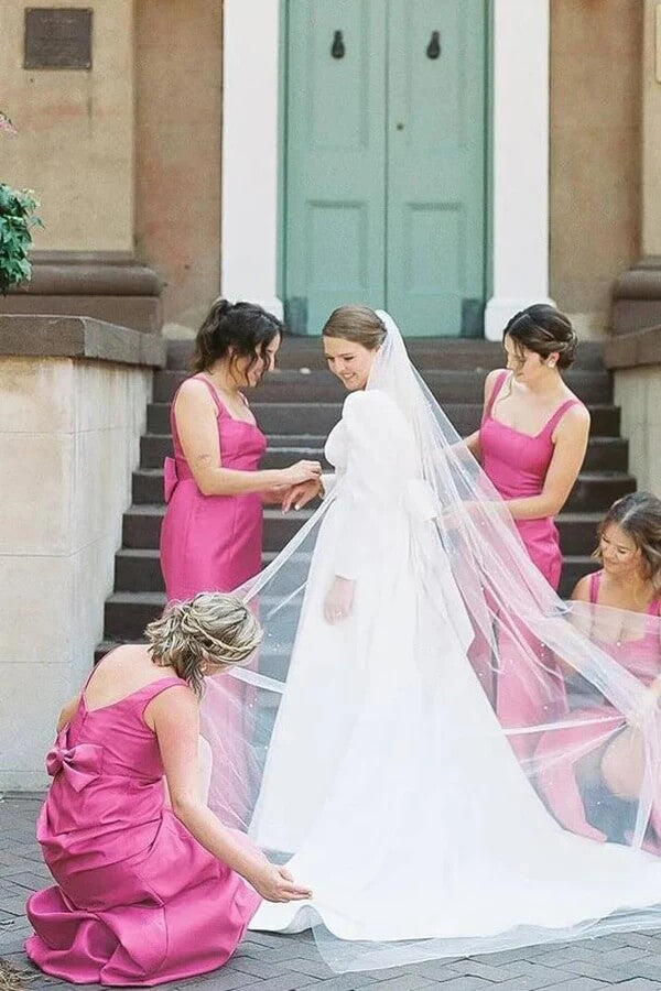 Pink Mermaid Spaghetti Strap Square Neck Bridesmaid Dresses With Bow