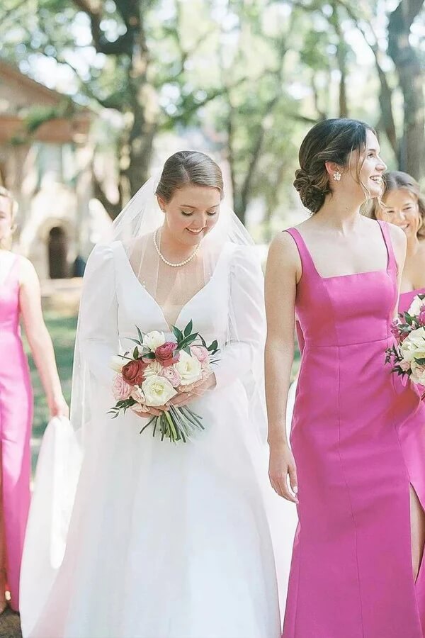 Pink Mermaid Spaghetti Strap Square Neck Bridesmaid Dresses With Bow